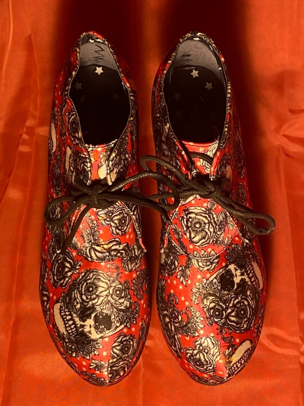 IRON FIST super high platform ankle booties,hot pink satin,skull print,lace up 7 - Picture 7 of 14